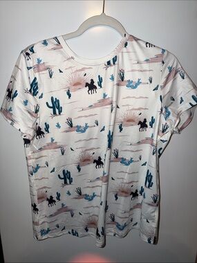 SHEIN White Desert Print Short Sleeve Tee with Teal and Blush Accents